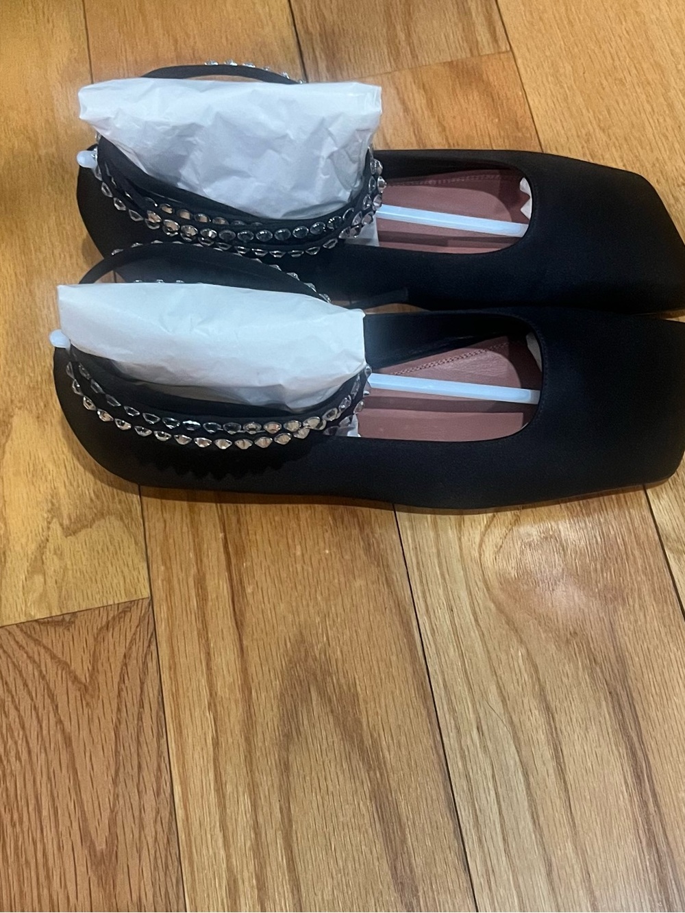 Amina Muaddi Studded Ankle-Strap Black Ballet Flats size 7.5 NEW/UNWORN